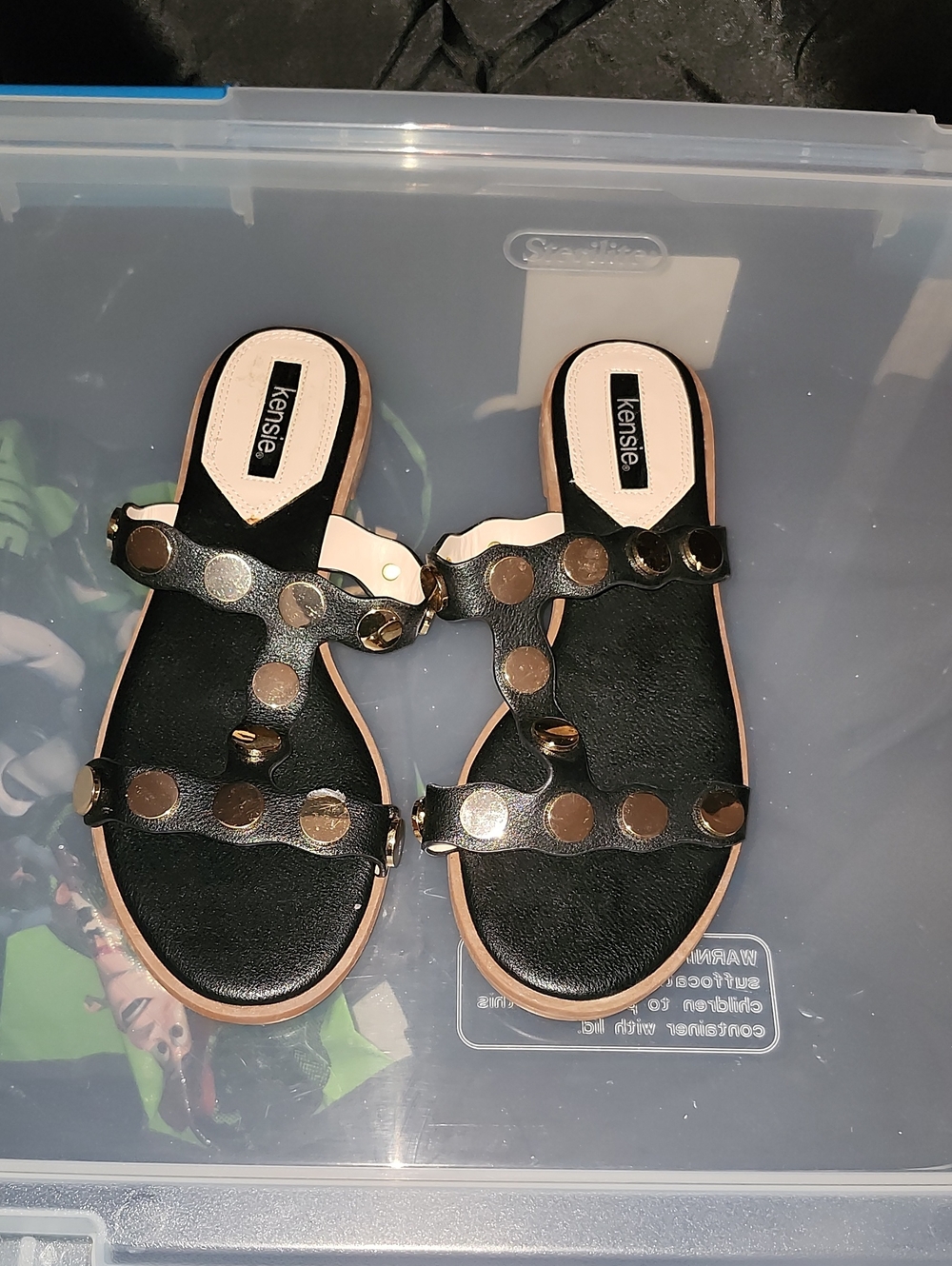 Kensie Black Slide Sandals with Gold Studs
